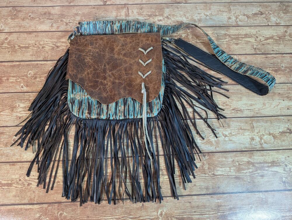 Western Cowhide Fringe Purse Leather Boho Crossbody Turquoise Chateau Embossed